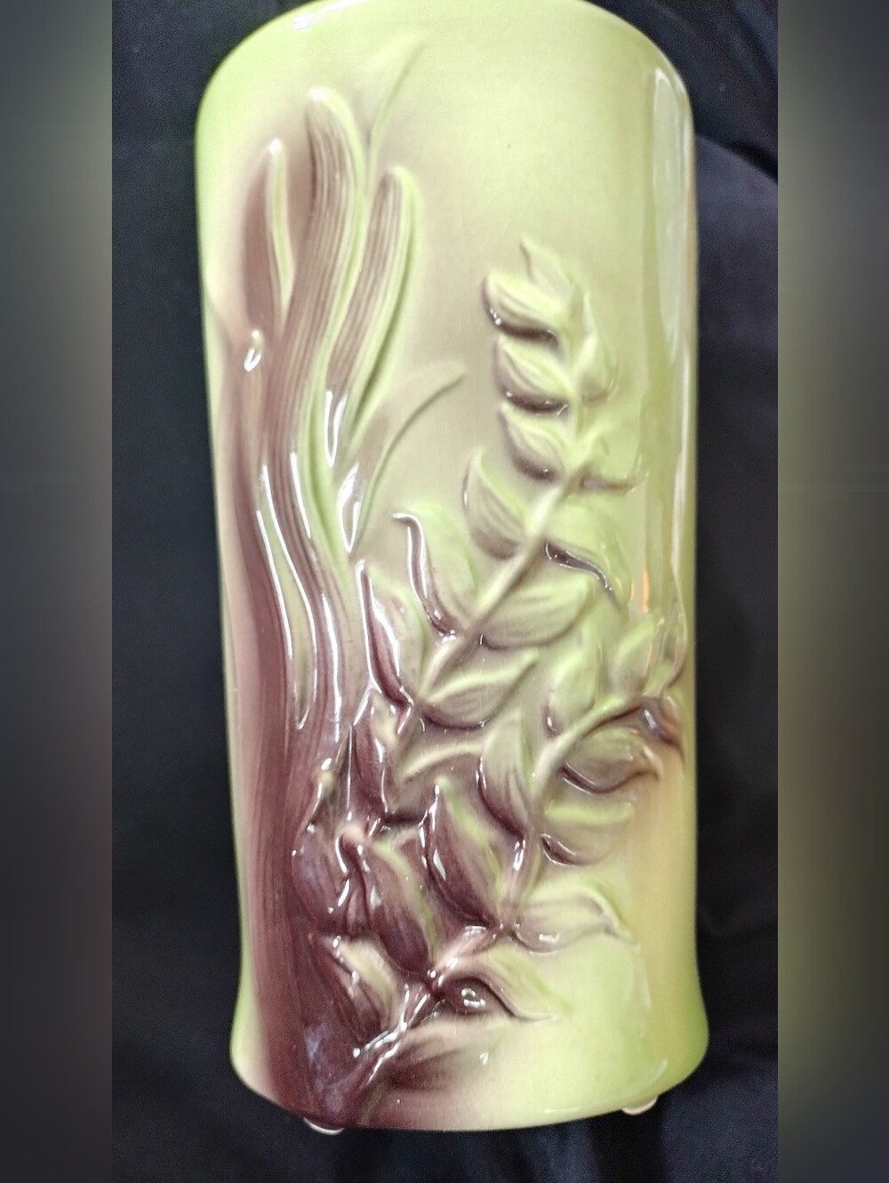 Vintage Mid Century Modern Lime Green and Brown Seaweed Ceramic Vase 7.5"Tall